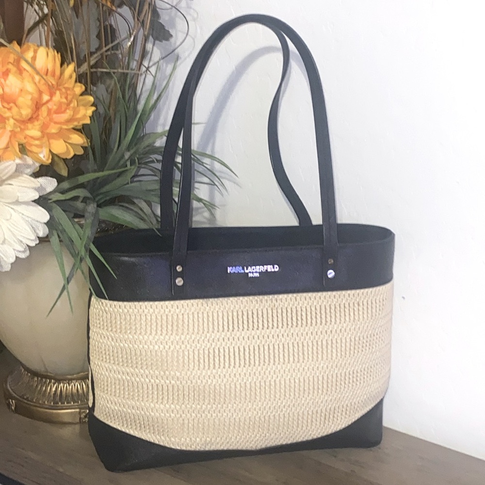 Karl Lagerfeld Black Leather & Tan Straw Shoulder Bag EUC